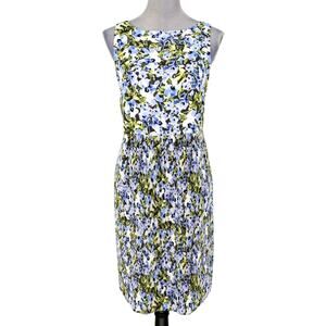 J Jill Dress Petites MP PM Blue Green Floral Pleated Bottom Lined Whimsy New